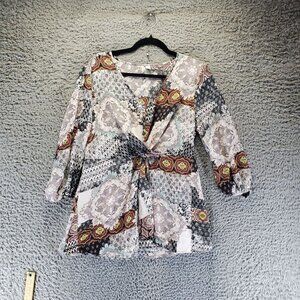 Cato Top Womens Large Multicolor Boho Floral Long Sleeve V-Neck Adjustable Waist